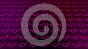 Looped background with red neon hearts. Repeating moving wedding pattern. Dark background