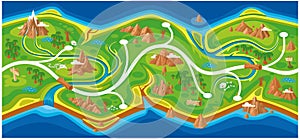 Looped Level Map for Mobile Game. Mountains, sea, rivers and path view from above. The seamless map