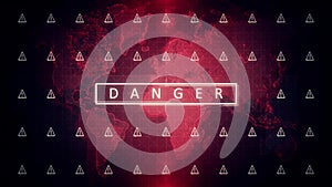 Looped video with animated signs of danger on the world map.
