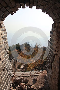 Loophole. View from the window loophole on the great wall