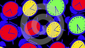 Looping animation with colorful alarm clocks on a black screen.