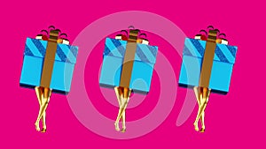 looping animation of dancing 3d gift boxes with golden mannequin legs. Funny disco party.
