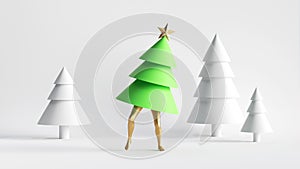 Looping animation of dancing Christmas fir tree with golden legs, isolated on white background. Modern minimal surreal concept.