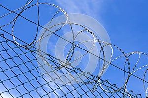 Loops of spiked or razor wire curling around long stretches of barbed wire against a blue sky, close up