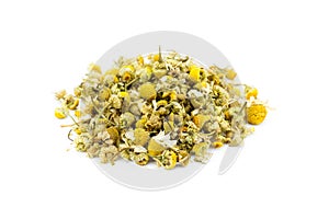 Loose camomile tea on white