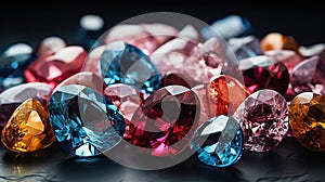 Loose Diamonds in All Shapes and Colours Round-Cushion-Asscher-Teardrop-Pear and Heart Shape etc on Blurry Background