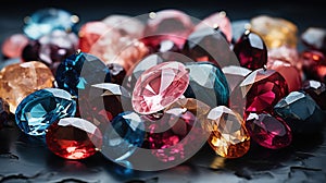 Loose Diamonds in All Shapes and Colours Round-Cushion-Asscher-Teardrop-Pear and Heart Shape etc on Blurry Background