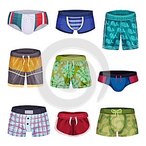 Loose-fitting and Tight Male Brief Shorts and Swimming Trunks Vector Set