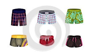 Loose-fitting and Tight Male Brief Shorts and Swimming Trunks Vector Set. Colorful Swimwear or Bathing Suit Made of photo