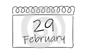 Loose-leaf calendar continuous line drawing. Calendar page 29 February, month 2024 or 2028 and 366 days. 29th Day of february,