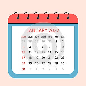 Loose-leaf calendar page. January 2022 with dates. vector illustration