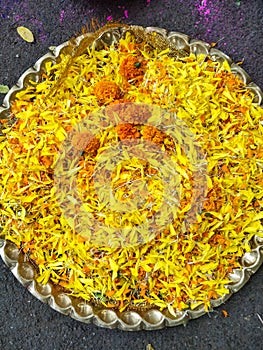 Loose Marigold mix of color flowers on a tray