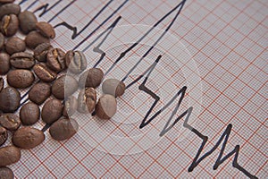 Loose roasted coffee beans on an ECG tracing