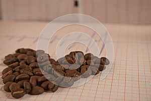 Loose roasted coffee beans on an ECG tracing