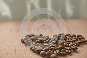 Loose roasted coffee beans on an ECG tracing
