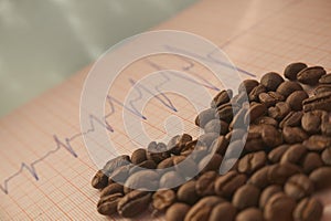 Loose roasted coffee beans on an ECG tracing