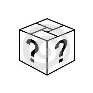 Loot box icon. Square cube outline box with question marks. Surprise gift symbol.
