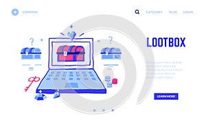 Loot box landing page. Win treasure in computer game or jackpot in online casino gambling. Website doodle design