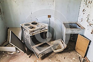 Looted kitchen in an abandoned house in Pripyat