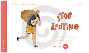 Looting Landing Page Template. Masked Robber Character Run with Stolen Money Sack, Criminal Robbery, Gangster Violence