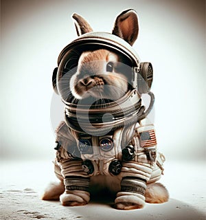 A lop-eared rabbit in a astronaut suit