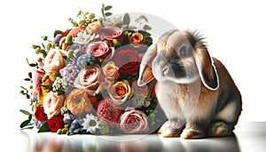 A lop-eared rabbit and a bouquet of flowers