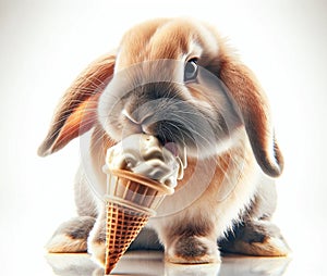 A lop-eared rabbit eating an ice-cream cone