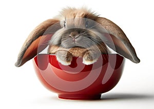 A lop-eared rabbit sits snugly inside a red bowl.