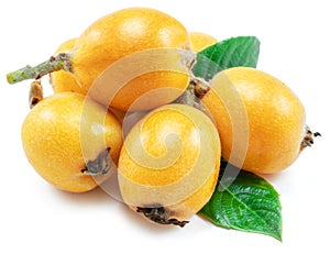 Loquats fruits with green leaves isolated on white background