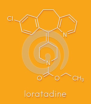 Loratadine antihistamine drug molecule. Used to treat hay fever, urticaria and allergies. Skeletal formula.