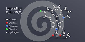 loratadine molecule 3d rendering, flat molecular structure with chemical formula and atoms color coding