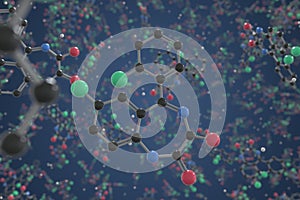 Lorazepam molecule. Ball-and-stick molecular model. Chemistry related 3d rendering