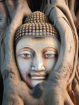Lord Buddha head in spiritual tree roots photo