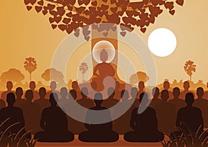 Lord of Buddha mediating with crowd of monk,silhouette style