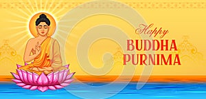 Lord Buddha in meditation for Buddhist festival with text in Hindi meaning Happy Buddha Purnima Vesak