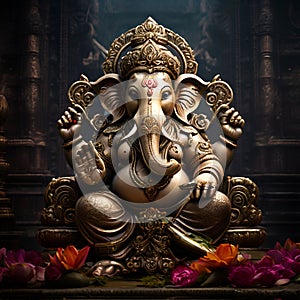 Lord Ganesh statue with flowers in the background. 3D illustration