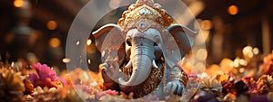 lord ganesha big sculpture with flowers generative AI