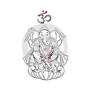 Lord Ganesha. Hinduism.Symbol of prosperity and overcoming obstacles. Hand drawn illustration. Sketch style. Yoga.