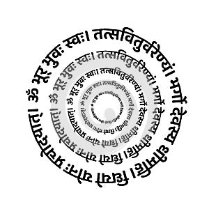 Lord Gayatri mantra round tyography in Devanagari letters. The mantra is a declaration of appreciation, to both the nurturing sun