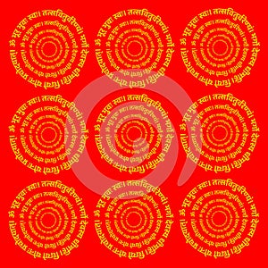 Lord Gayatri mantra round tyography in Devanagari letters. The mantra is a declaration of appreciation, to both the nurturing sun