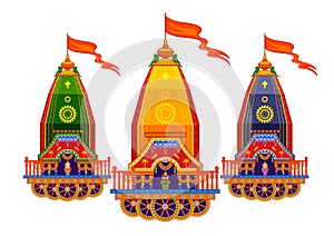 Lord Jagannath, Balabhadra and Subhadra on annual Rathayatra in Odisha festival background