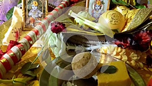 Lord Krishan Birthday Offering Dainty Sweets And Toys. Festival Celebration Decoration.