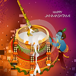 Lord Krishna eating makhan cream on Happy Janmashtami holiday Indian festival greeting background