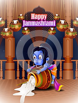 Lord Krishna eating makhan cream on Happy Janmashtami holiday Indian festival greeting background