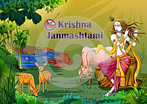 Lord Krishna on Happy Janmashtami holiday festival background