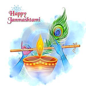 Lord Krishna playing bansuri flute in Happy Janmashtami festival background of India