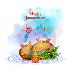 Lord Krishna playing bansuri flute in Happy Janmashtami festival background of India