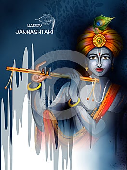 Lord Krishna playing flute on Happy Janmashtami holiday Indian festival greeting background