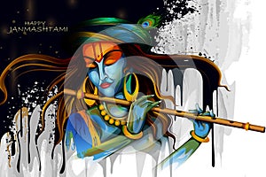 Lord Krishna playing flute on Happy Janmashtami holiday Indian festival greeting background photo