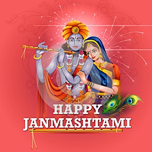 Lord Krishna and Radha on Happy Janmashtami background